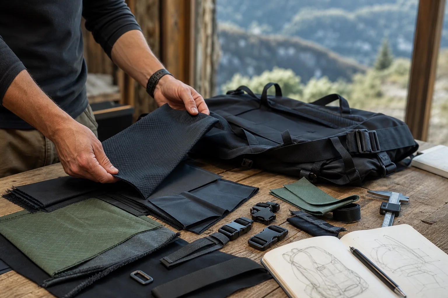 Tejidos técnicos, hebillas, correas y componentes de mochila en un banco de trabajo de diseño exterior