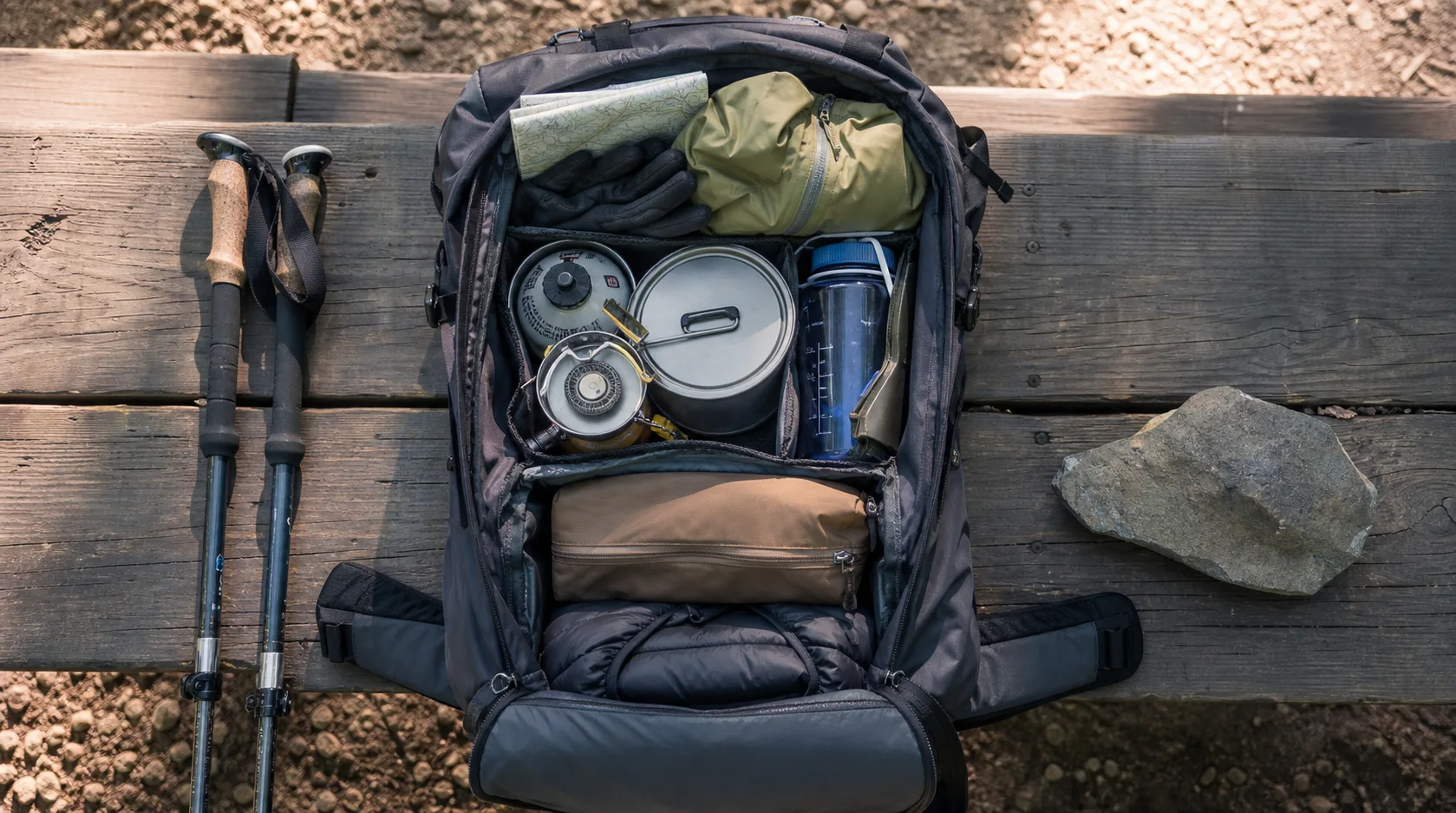 Open hiking backpack organized with dense gear, layers, gloves, map, and water