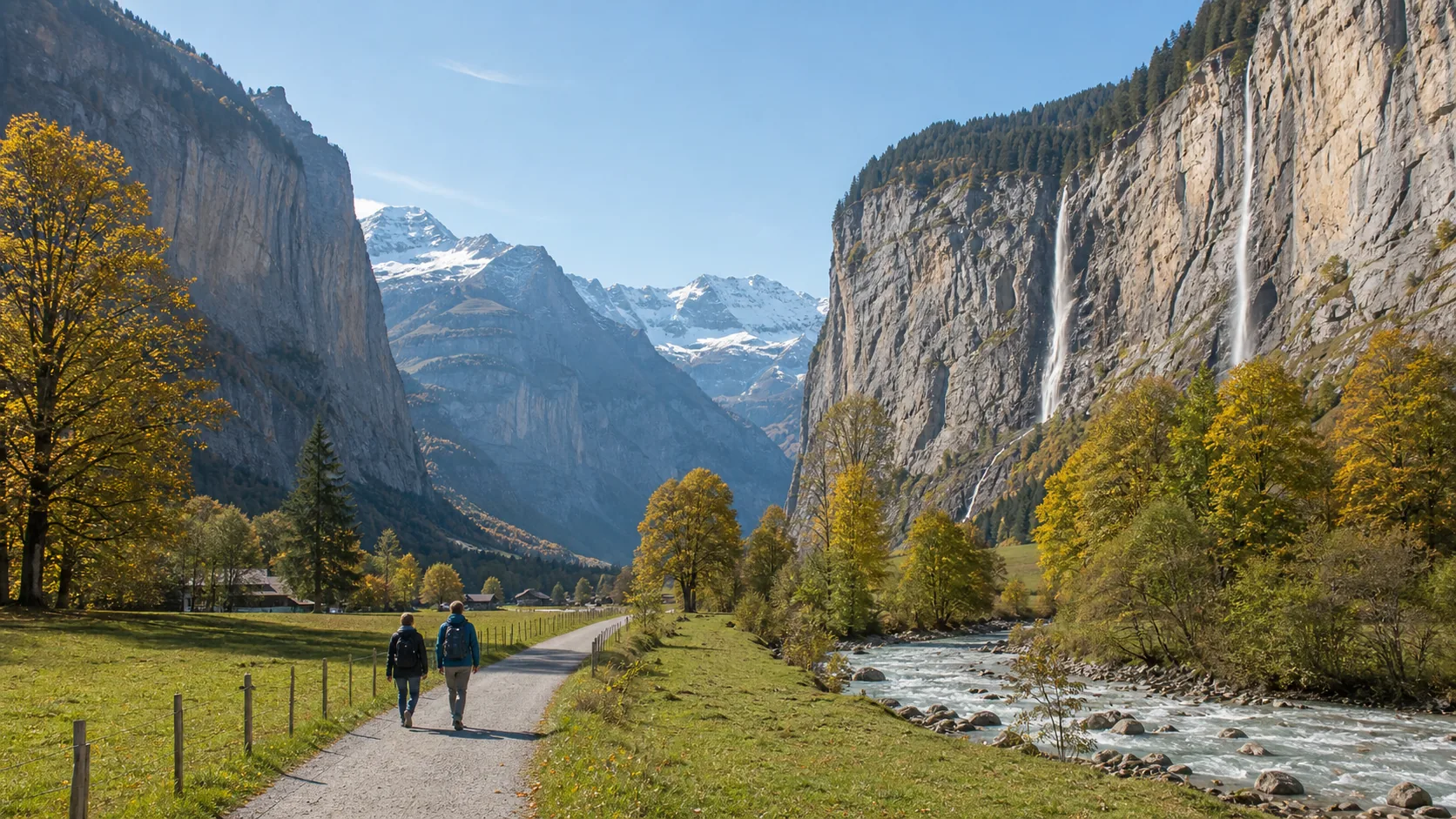 Walkers on the flat Lauterbrunnen valley path beneath autumn trees and waterfalls