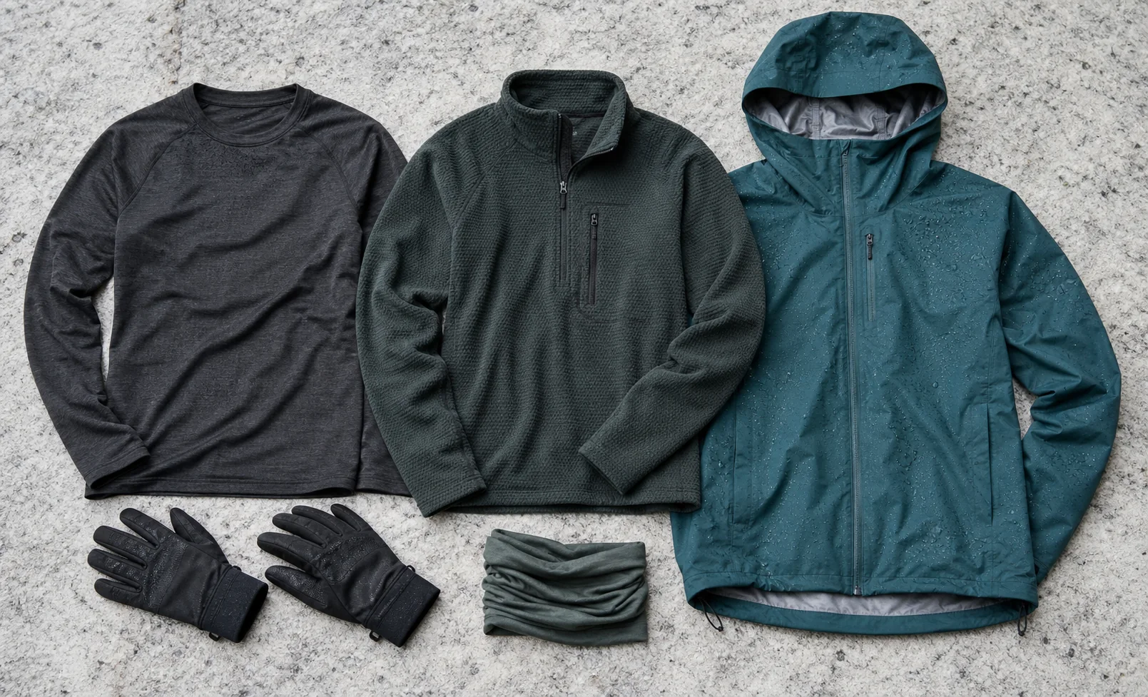 Base layer, fleece, shell, gloves, and neck gaiter arranged on granite