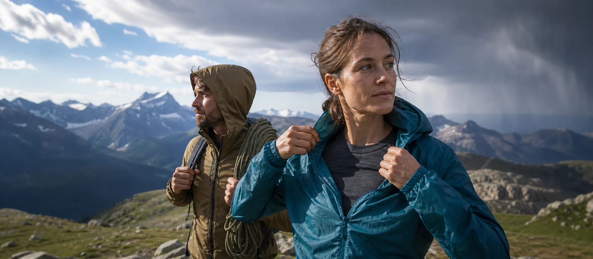 Two hikers adjusting technical layers as weather moves across an alpine ridge