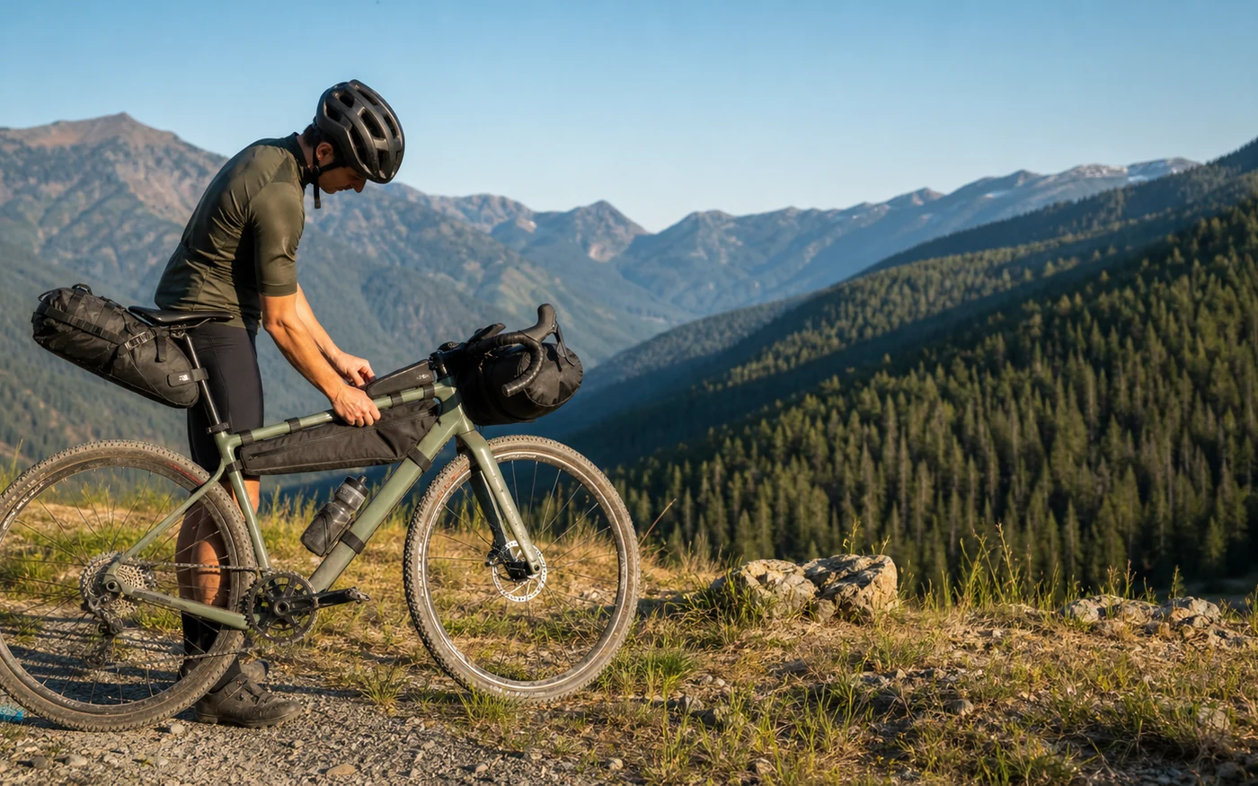 Cycling bag setup on gravel road