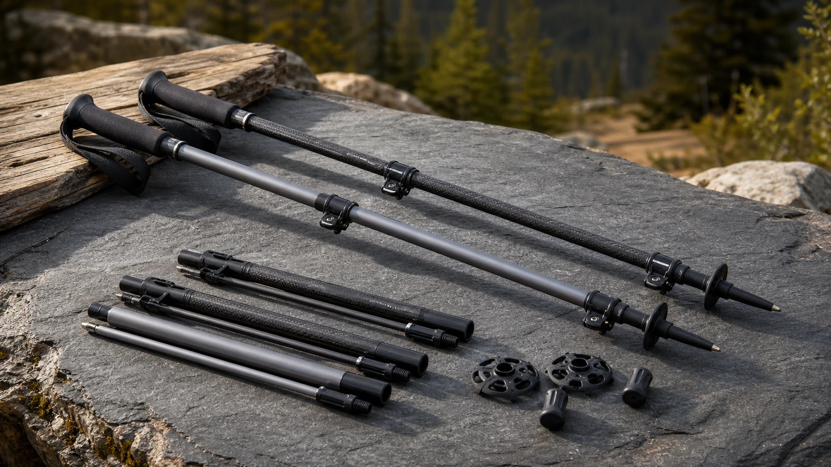 Carbon and aluminum trekking pole sections with lever locks on stone