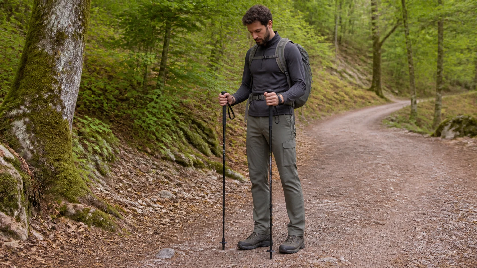 Hiker checking trekking pole length and grip fit on a level trail