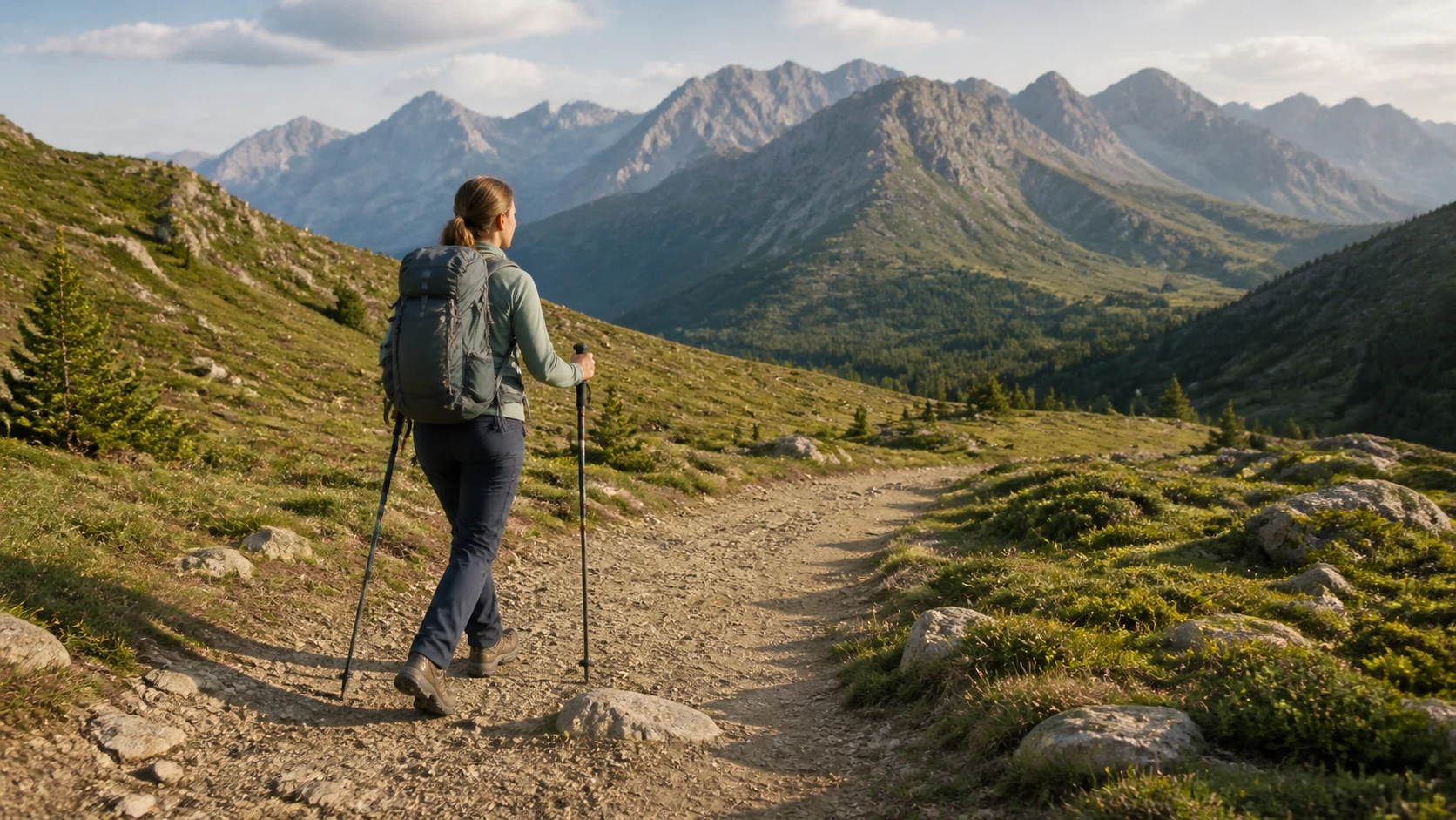 Hiker using two trekking poles on a mixed mountain trail