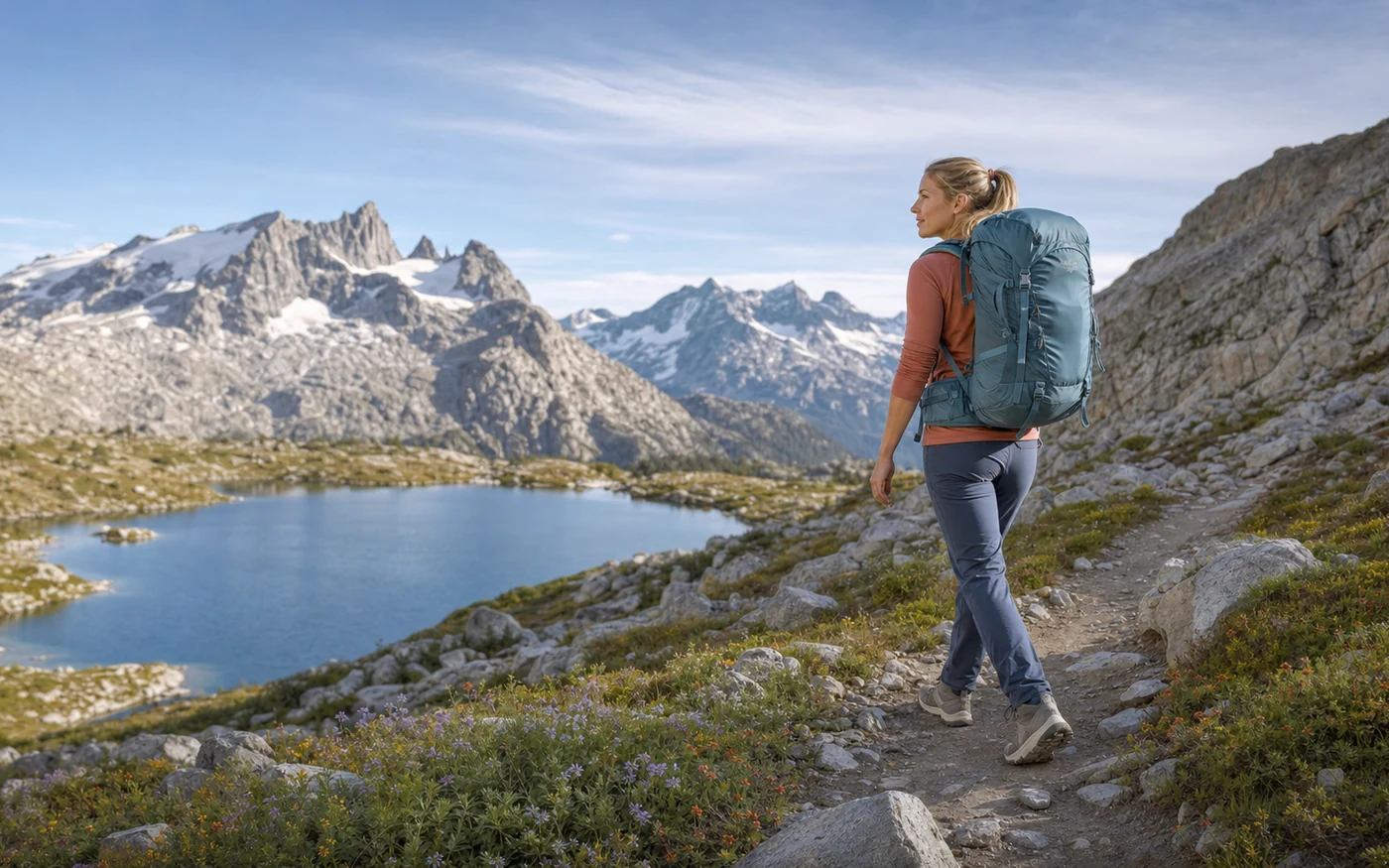 Technical hiking backpack on alpine trail