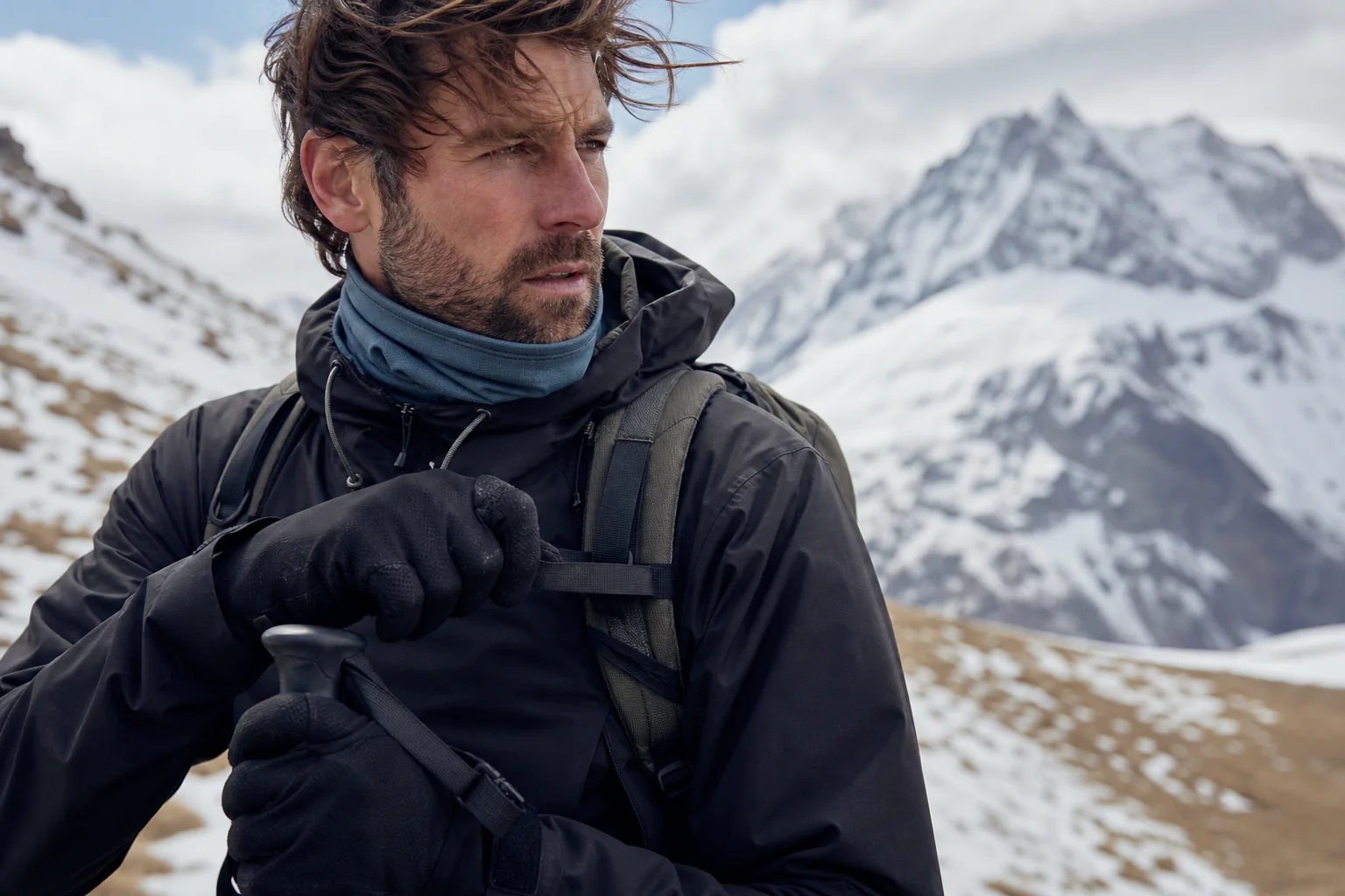 Guantes técnicos QLUNARA y cubrecuello azul en condiciones alpinas