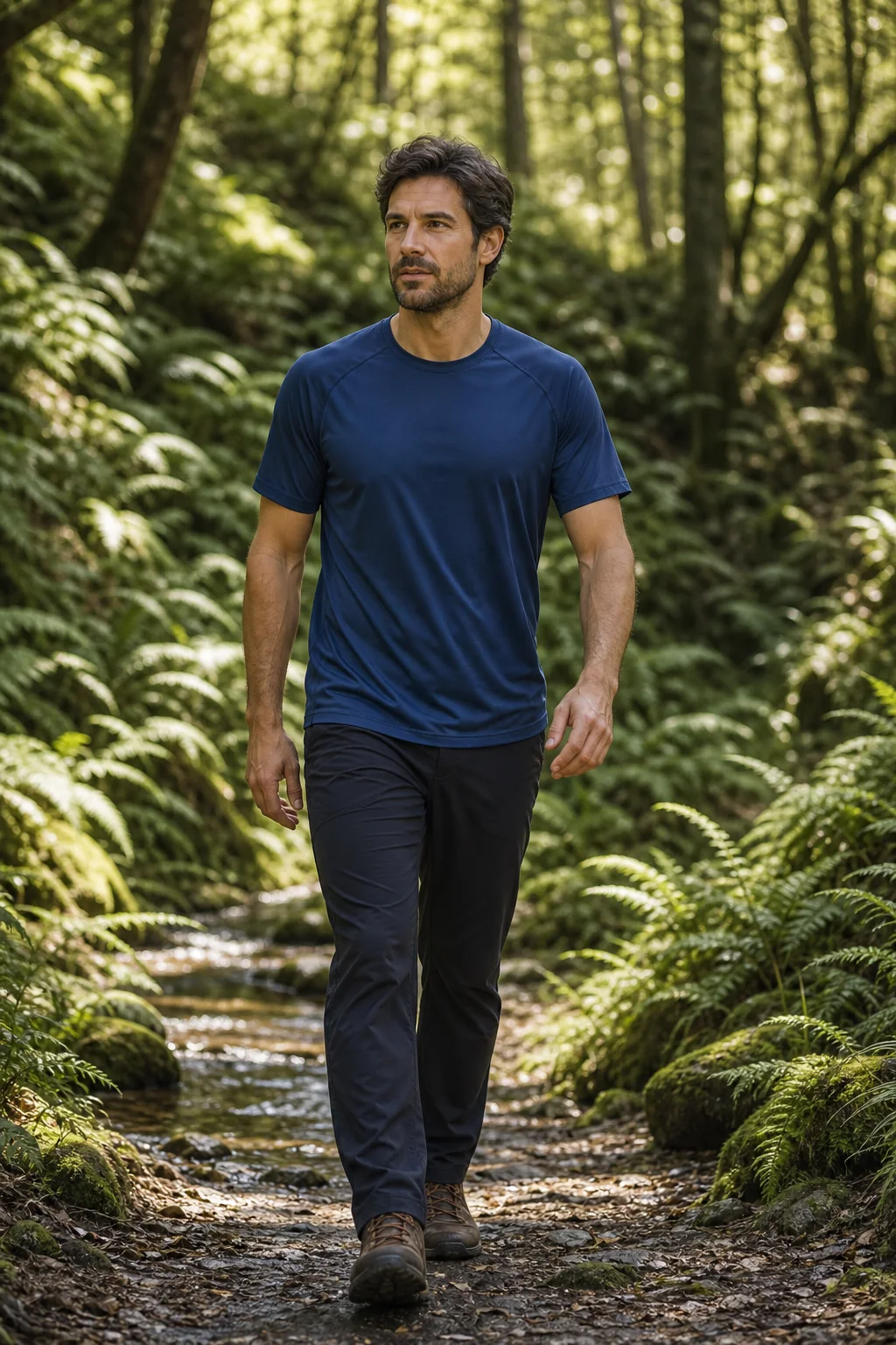 QLUNARA blaues, schnell trocknendes Trail-Shirt auf einer Waldroute